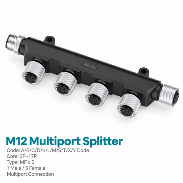 M12 T-Shape 5-Port Splitter, 1 Male to 5 Female