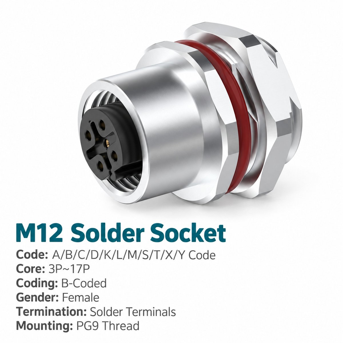 M12 B-Coded Female Rear Mount Socket, Solder, Unwired or Pre-Wired M12 B-Coded Female Rear Mount Socket, Solder, Unwired or Pre-Wired - Image 2