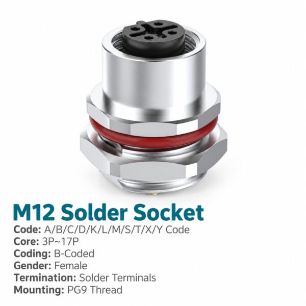 M12 B-Coded Female Rear Mount Socket, Solder, Unwired or Pre-Wired