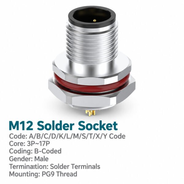 M12 B-Coded Male Rear Mount Socket, Solder, Unwired or Pre-Wired