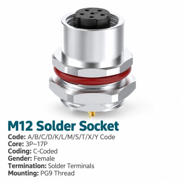 M12 C-Coded Female Rear Mount Socket, Solder, Unwired or Pre-Wired