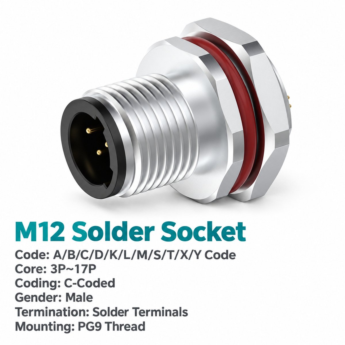 M12 C-Coded Male Front Mount Socket, Solder, Unwired or Pre-Wired M12 C-Coded Male Front Mount Socket, Solder, Unwired or Pre-Wired - Image 2