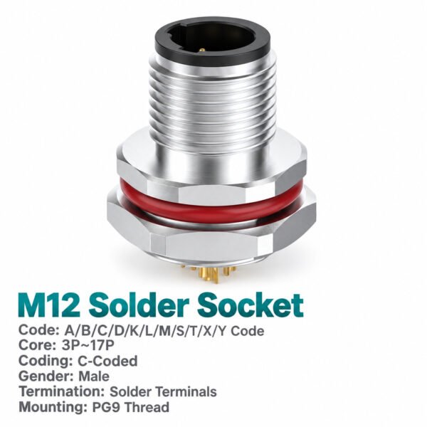 M12 C-Coded Male Front Mount Socket, Solder, Unwired or Pre-Wired