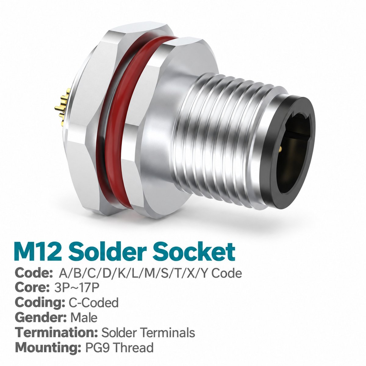 M12 C-Coded Male Front Mount Socket, Solder, Unwired or Pre-Wired M12 C-Coded Male Front Mount Socket, Solder, Unwired or Pre-Wired - Image 3