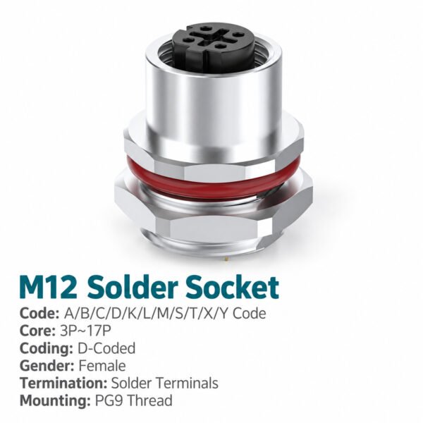 M12 D-Coded Female Rear Mount Socket, Solder, Unwired or Pre-Wired, PROFINET Type