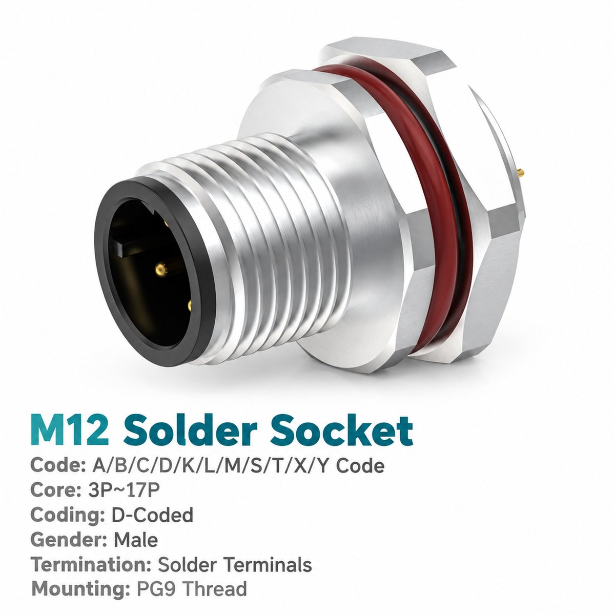 M12 D-Coded Male Rear Mount Socket, Solder, Unwired or Pre-Wired M12 D-Coded Male Rear Mount Socket, Solder, Unwired or Pre-Wired - Image 2