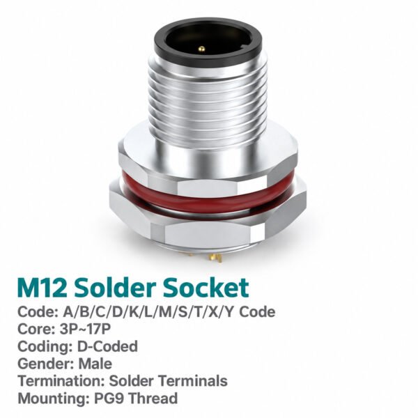 M12 D-Coded Male Rear Mount Socket, Solder, Unwired or Pre-Wired