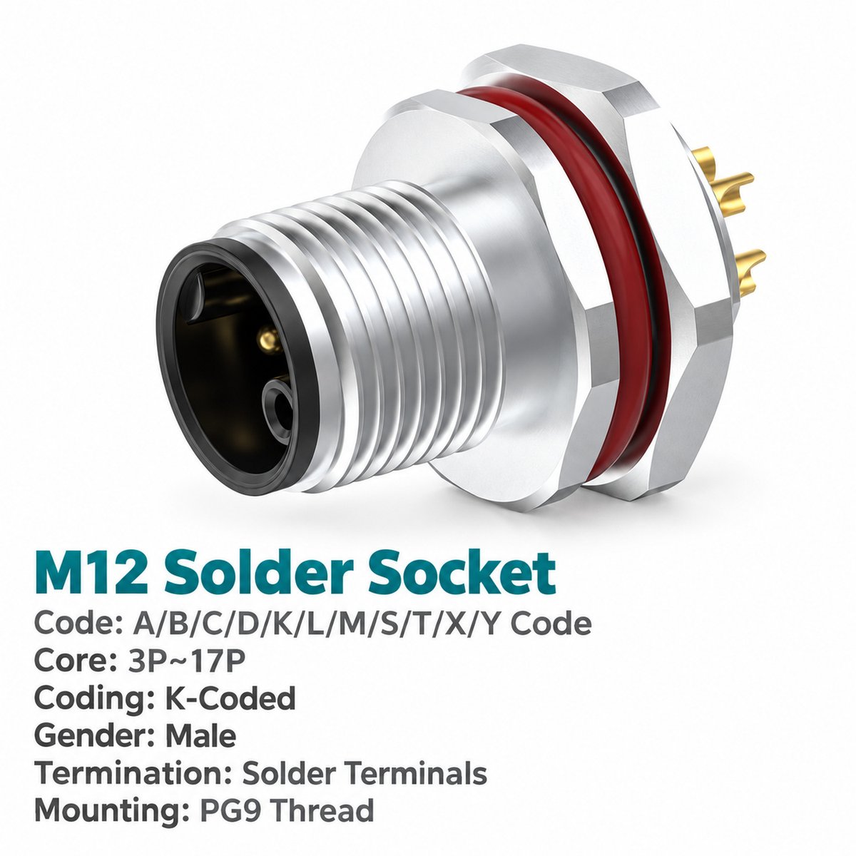 M12 K-Coded Male Rear Mount Socket, Solder or Crimp, Unwired or Pre-Wired M12 K-Coded Male Rear Mount Socket, Solder or Crimp, Unwired or Pre-Wired - Image 2