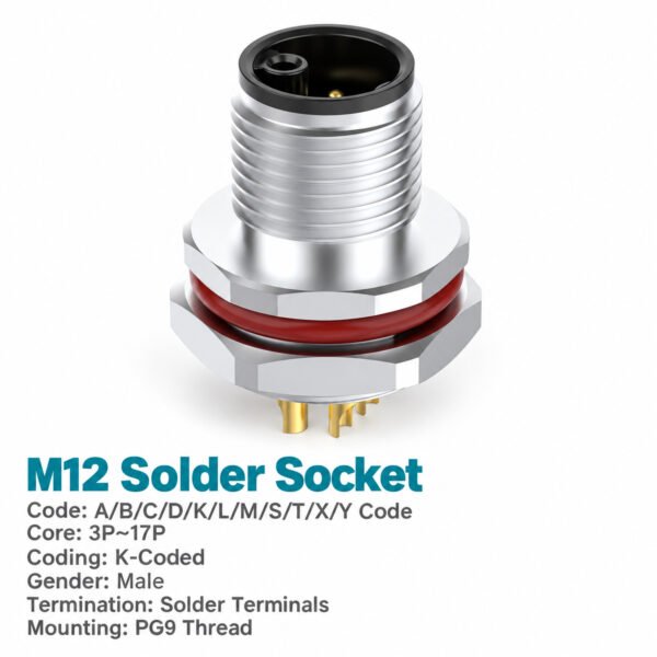 M12 K-Coded Male Rear Mount Socket, Solder or Crimp, Unwired or Pre-Wired