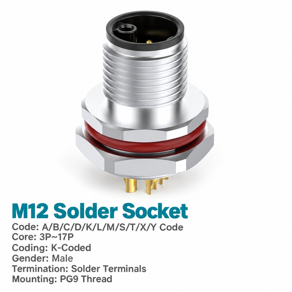 M12 K-Coded Male Rear Mount Socket, Solder or Crimp, Unwired or Pre-Wired M12 K-Coded Male Rear Mount Socket, Solder or Crimp, Unwired or Pre-Wired