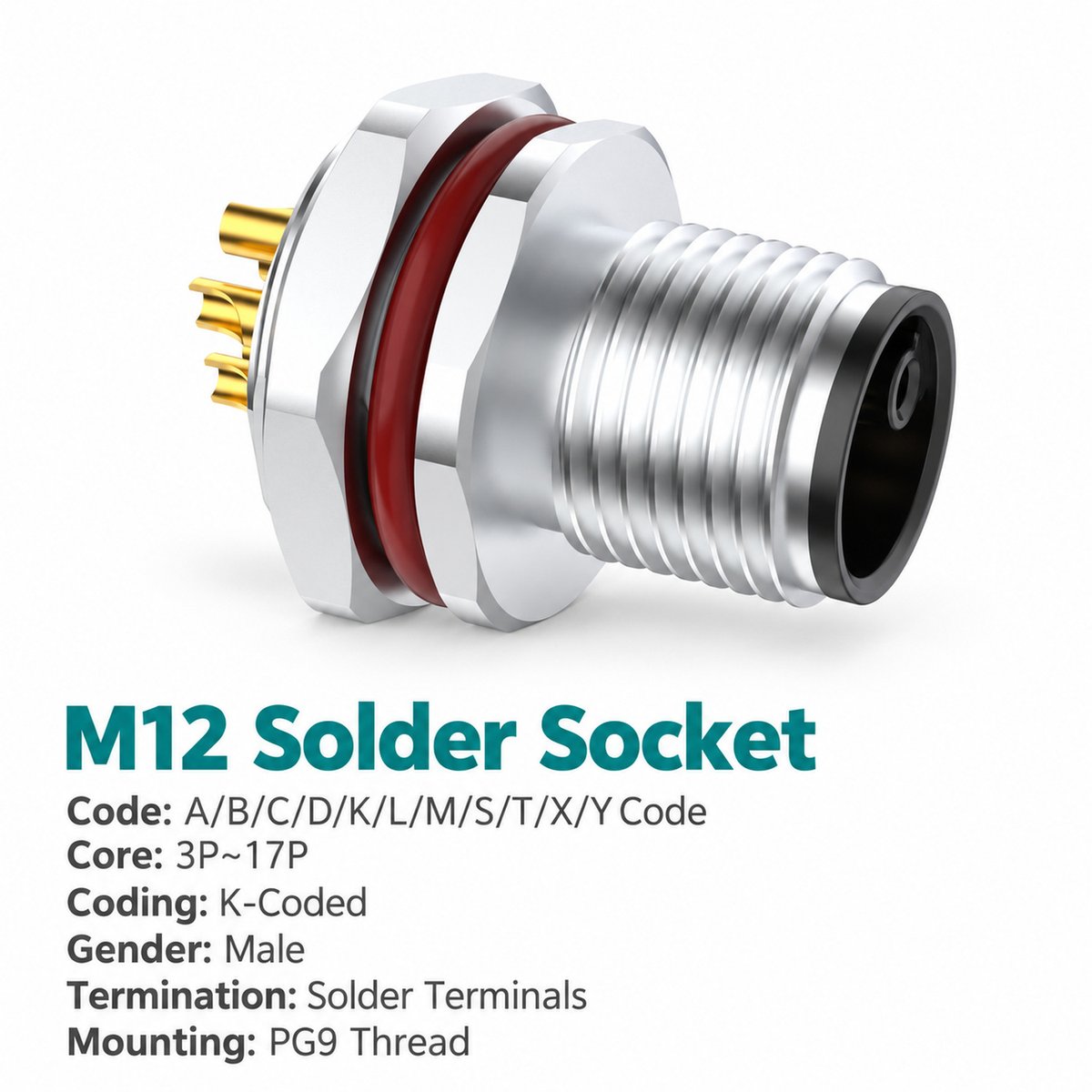 M12 K-Coded Male Rear Mount Socket, Solder or Crimp, Unwired or Pre-Wired M12 K-Coded Male Rear Mount Socket, Solder or Crimp, Unwired or Pre-Wired - Image 3