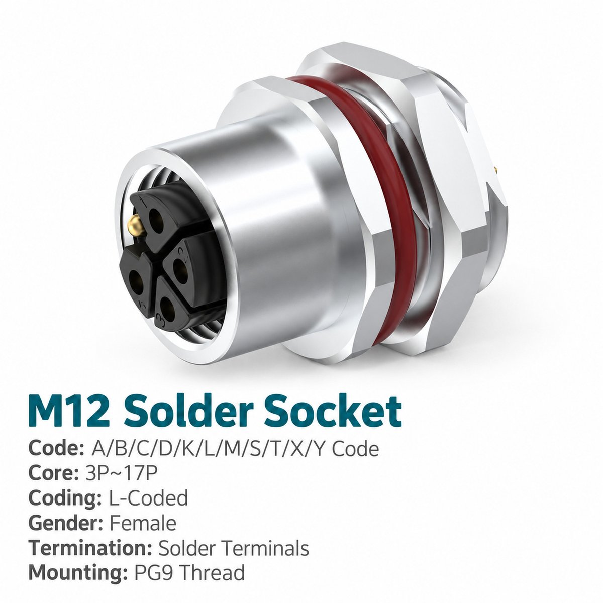 M12 L-Coded Female Rear Mount DC Power Socket, Solder, Unwired or Pre-Wired M12 L-Coded Female Rear Mount DC Power Socket, Solder, Unwired or Pre-Wired - Image 2