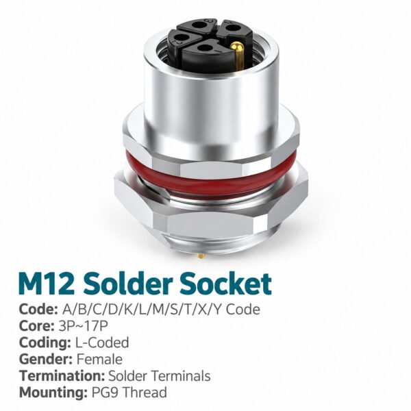 M12 L-Coded Female Rear Mount DC Power Socket, Solder, Unwired or Pre-Wired
