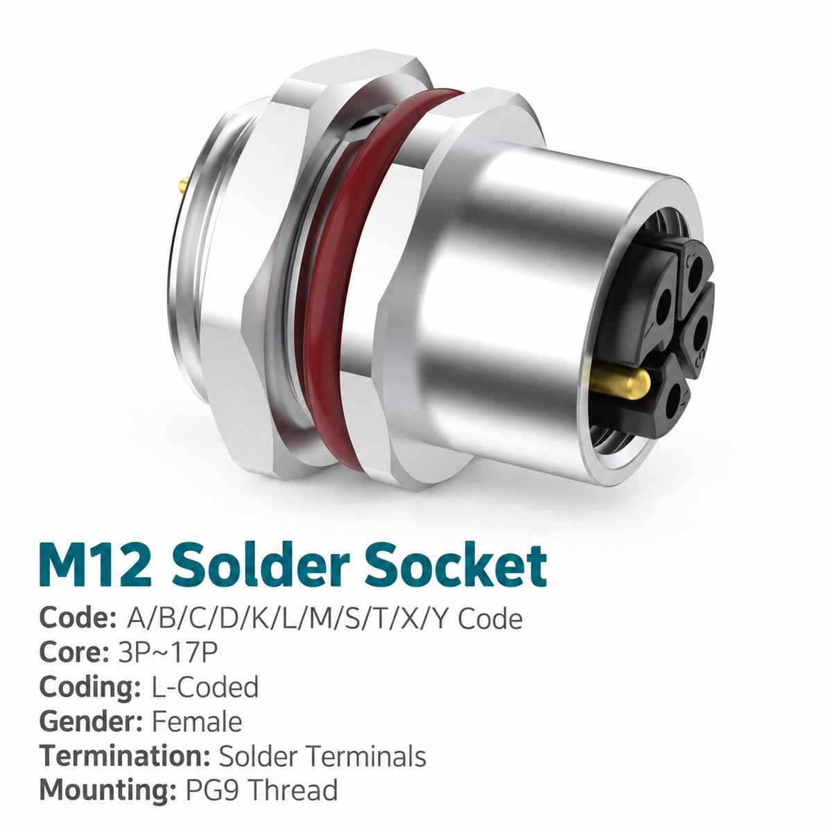 M12 L-Coded Female Rear Mount DC Power Socket, Solder, Unwired or Pre-Wired M12 L-Coded Female Rear Mount DC Power Socket, Solder, Unwired or Pre-Wired - Image 3