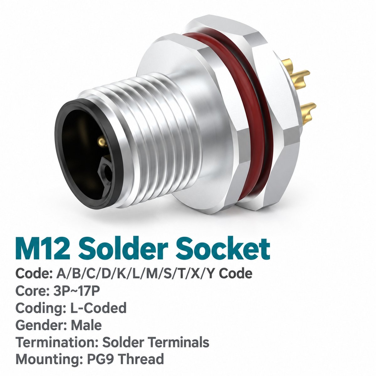M12 L-Coded Male Rear Mount Socket, Solder, Unwired or Pre-Wired M12 L-Coded Male Rear Mount Socket, Solder, Unwired or Pre-Wired - Image 2