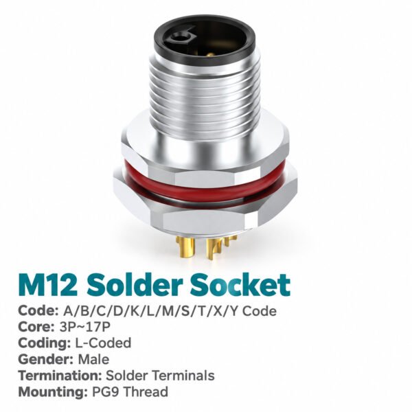 M12 M-Coded Male Rear Mount Socket, Solder, Unwired or Pre-Wired