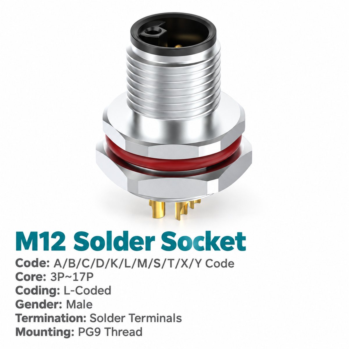 M12 M-Coded Male Rear Mount Socket, Solder, Unwired or Pre-Wired M12 M-Coded Male Rear Mount Socket, Solder, Unwired or Pre-Wired