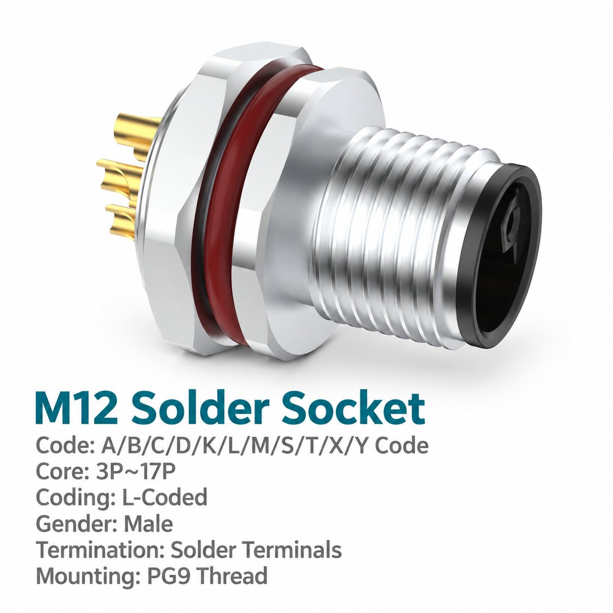 M12 L-Coded Male Rear Mount Socket, Solder, Unwired or Pre-Wired M12 L-Coded Male Rear Mount Socket, Solder, Unwired or Pre-Wired - Image 3