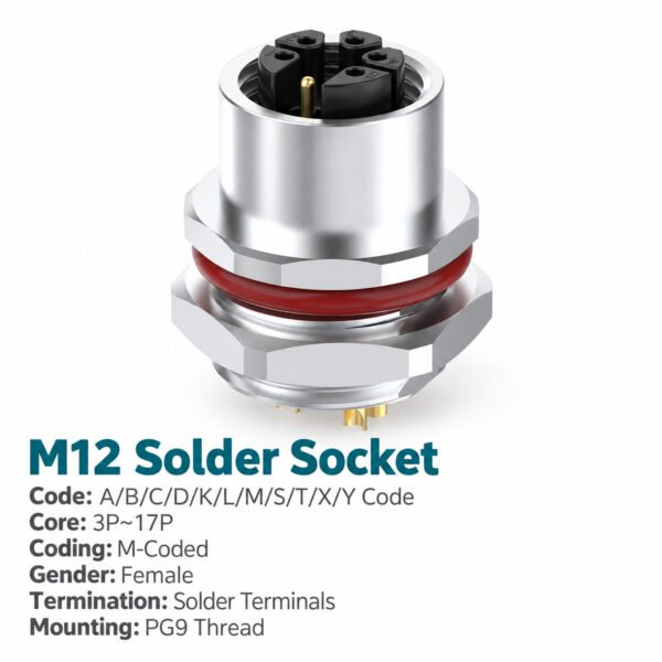 M12 M-Coded Female Rear Mount AC Power Socket, Solder, Unwired or Pre-Wired
