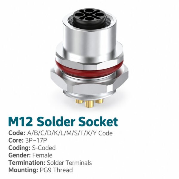 M12 S-Coded Female Rear Mount AC Power Socket, Solder or Crimp