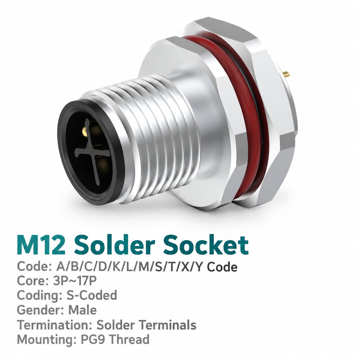 M12 S-Coded Male Rear Mount Socket, Solder or Crimp, Unwired or Pre-Wired M12 S-Coded Male Rear Mount Socket, Solder or Crimp, Unwired or Pre-Wired - Image 2