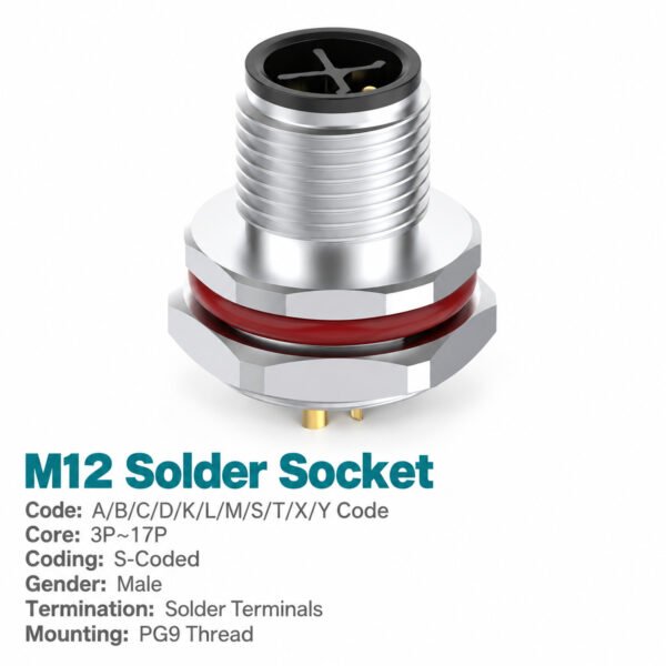 M12 S-Coded Male Rear Mount Socket, Solder or Crimp, Unwired or Pre-Wired