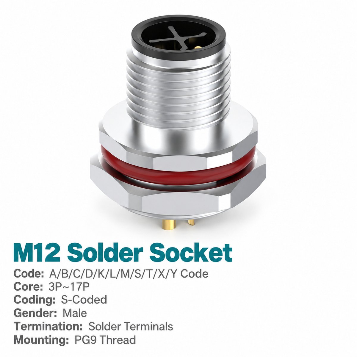 M12 S-Coded Male Rear Mount Socket, Solder or Crimp, Unwired or Pre-Wired M12 S-Coded Male Rear Mount Socket, Solder or Crimp, Unwired or Pre-Wired