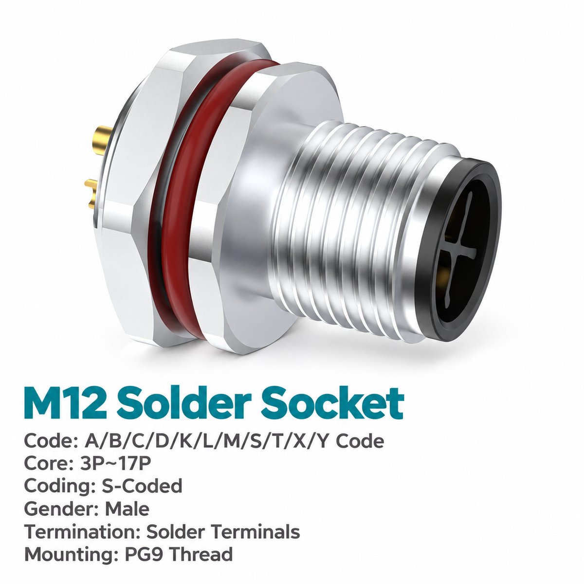 M12 S-Coded Male Rear Mount Socket, Solder or Crimp, Unwired or Pre-Wired M12 S-Coded Male Rear Mount Socket, Solder or Crimp, Unwired or Pre-Wired - Image 3