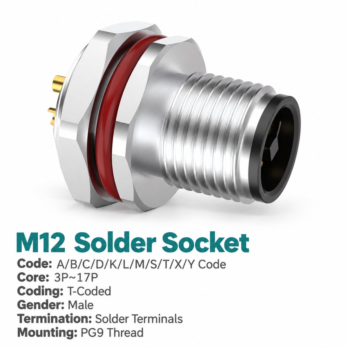 M12 T-Coded Male Rear Mount Socket, Solder or Crimp, Unwired or Pre-Wired M12 T-Coded Male Rear Mount Socket, Solder or Crimp, Unwired or Pre-Wired - Image 3