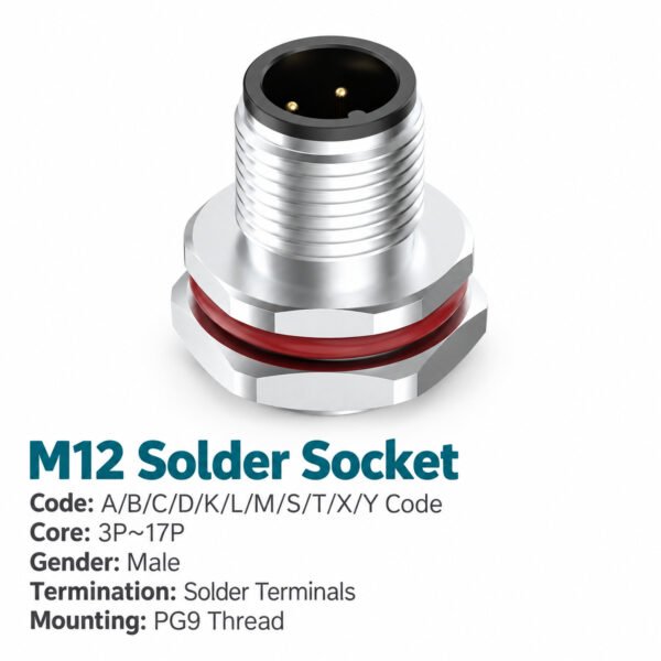 M12 A-Coded Male Rear Mount Socket, Solder, Unwired or Pre-Wired