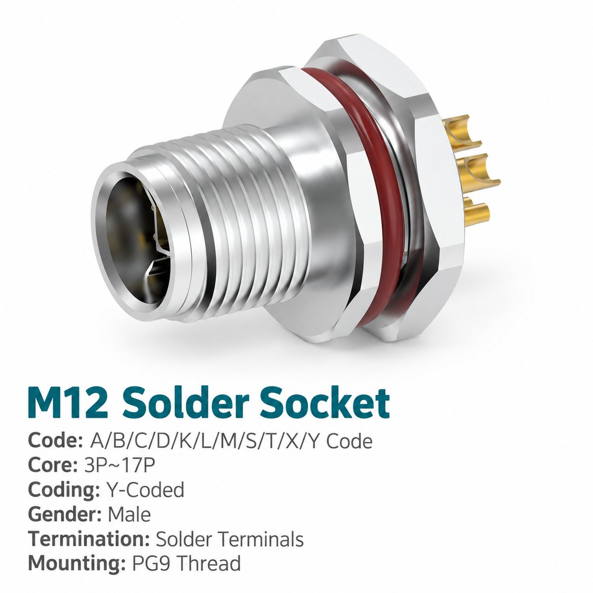 M12 Y-Coded Male Rear Mount Hybrid Socket, Ethernet and Power, Solder M12 Y-Coded Male Rear Mount Hybrid Socket, Ethernet and Power, Solder - Image 2