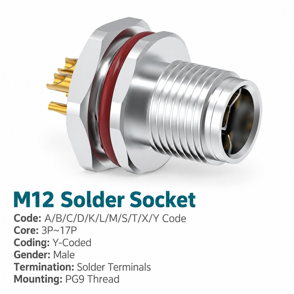 M12 Y-Coded Male Rear Mount Hybrid Socket, Ethernet and Power, Solder M12 Y-Coded Male Rear Mount Hybrid Socket, Ethernet and Power, Solder - Image 3