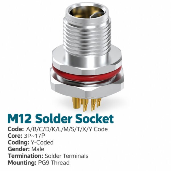 M12 Y-Coded Male Rear Mount Hybrid Socket, Ethernet and Power, Solder
