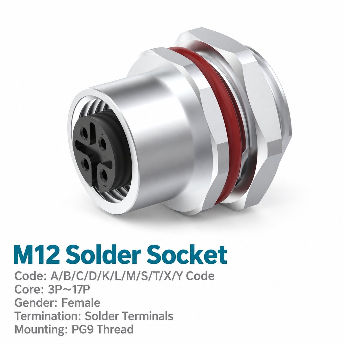 M12 A-Coded Female Rear Mount Socket, Solder, Unwired or Pre-Wired M12 A-Coded Female Rear Mount Socket, Solder, Unwired or Pre-Wired - Image 2