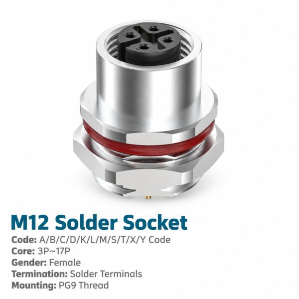M12 A-Coded Female Rear Mount Socket, Solder, Unwired or Pre-Wired