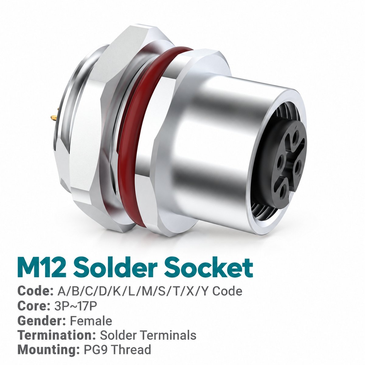 M12 A-Coded Female Rear Mount Socket, Solder, Unwired or Pre-Wired M12 A-Coded Female Rear Mount Socket, Solder, Unwired or Pre-Wired - Image 3