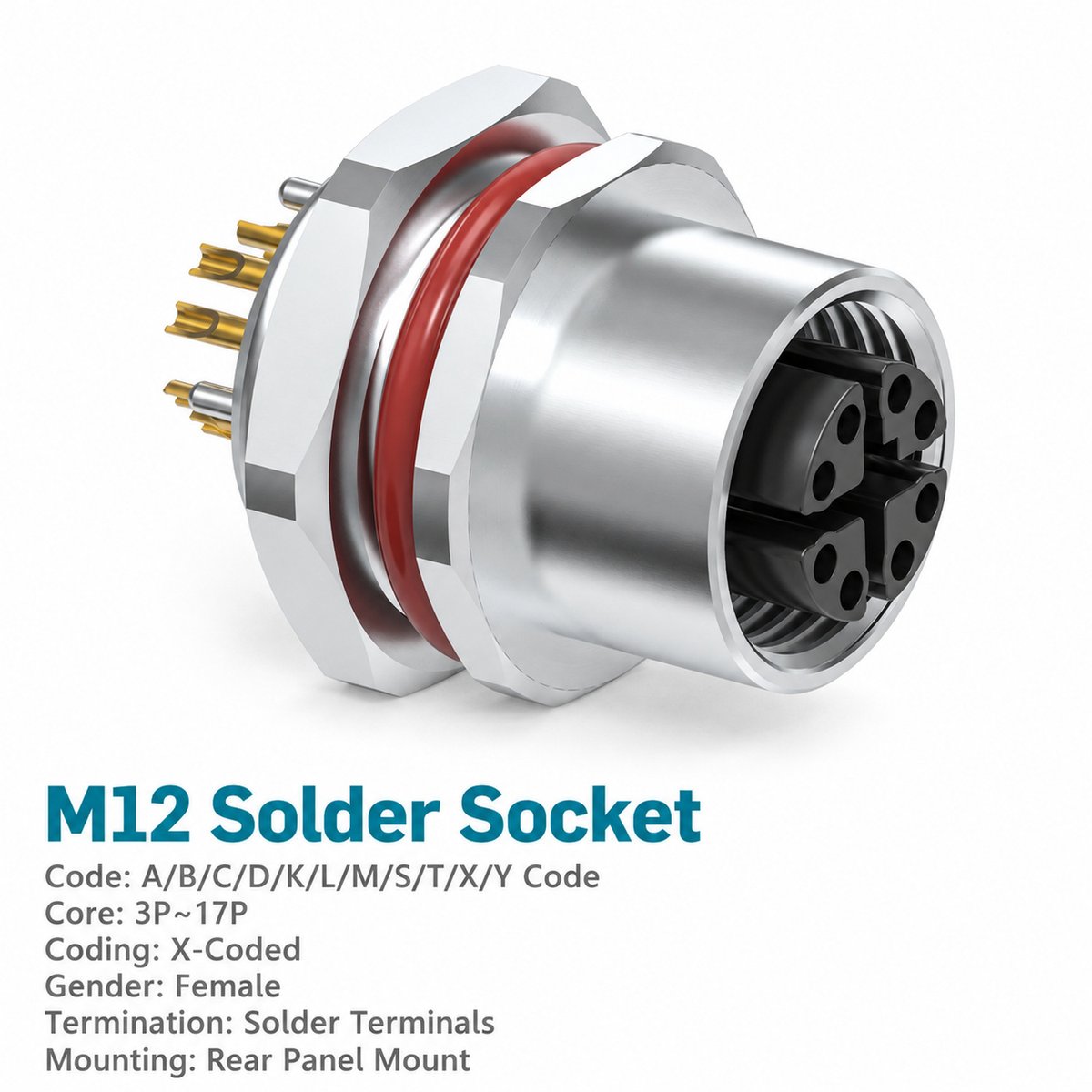 M12 X-Coded Female Rear Mount Ethernet Socket, 8-Pin, Solder M12 X-Coded Female Rear Mount Ethernet Socket, 8-Pin, Solder - Image 2