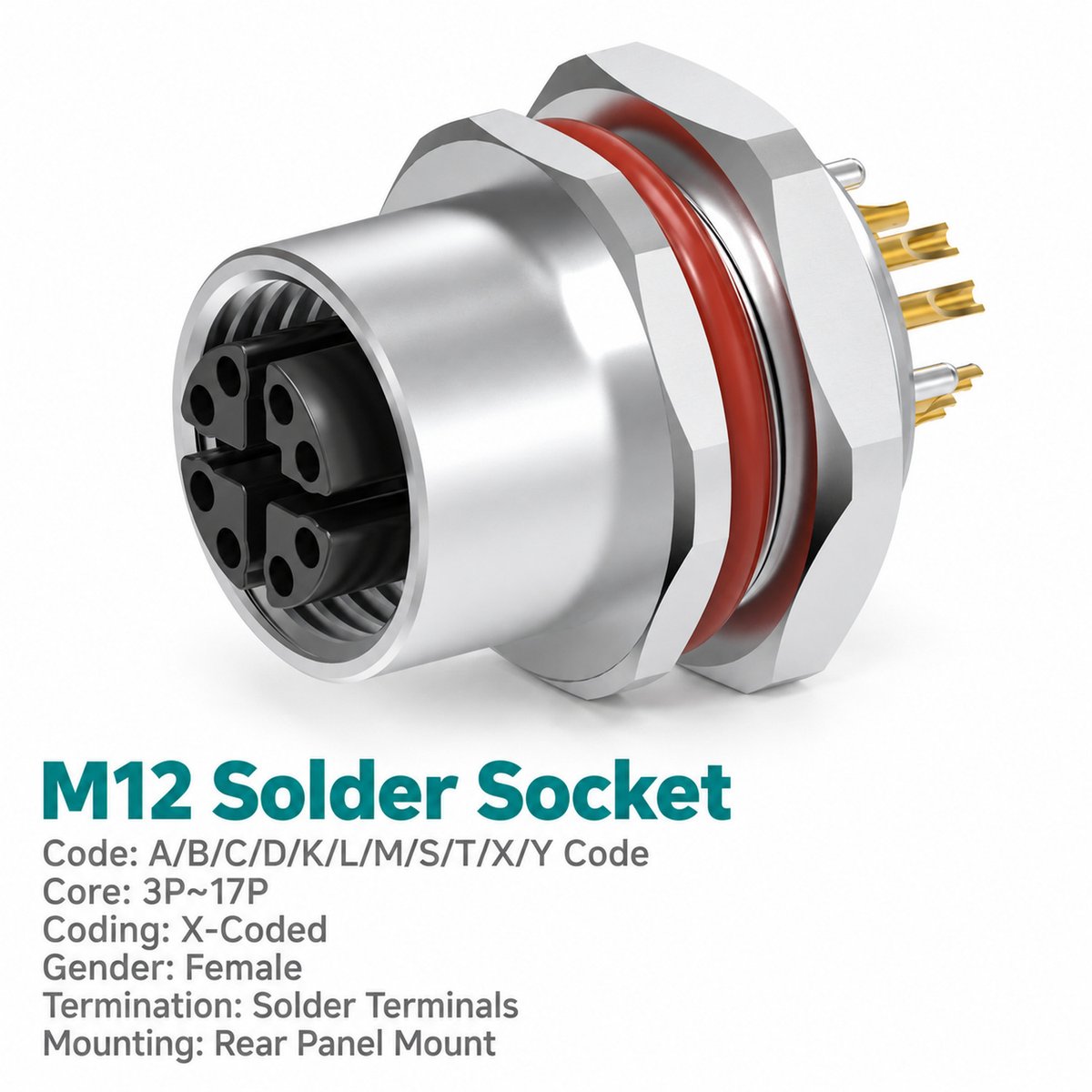 M12 X-Coded Female Rear Mount Ethernet Socket, 8-Pin, Solder M12 X-Coded Female Rear Mount Ethernet Socket, 8-Pin, Solder - Image 3
