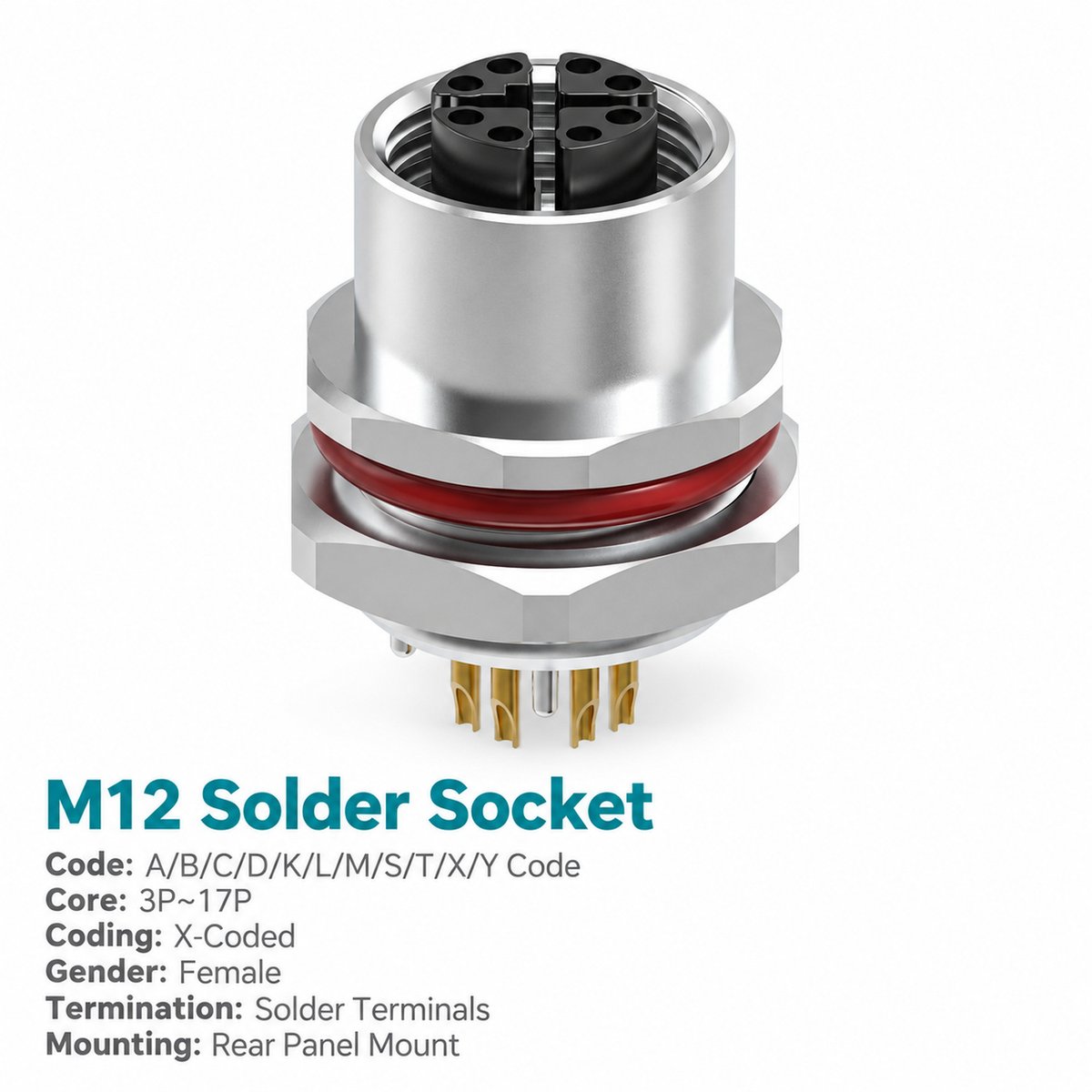 M12 X-Coded Female Rear Mount Ethernet Socket, 8-Pin, Solder M12 X-Coded Female Rear Mount Ethernet Socket, 8-Pin, Solder