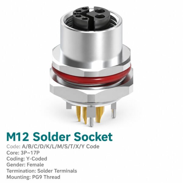 M12 Y-Coded Female Rear Mount Hybrid Socket, Ethernet and Power, Solder