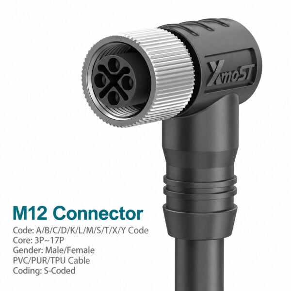 M12 S-Coded Female 90° Right-Angle Shielded AC Power Cable Connector