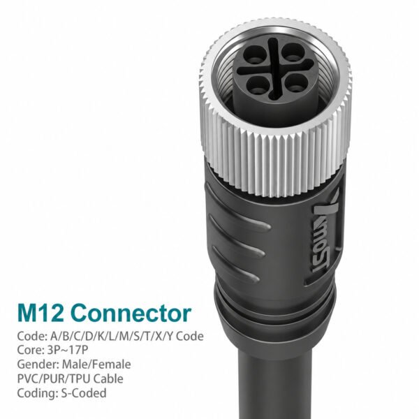 M12 S-Coded Female Straight Shielded AC Power Cable Connector