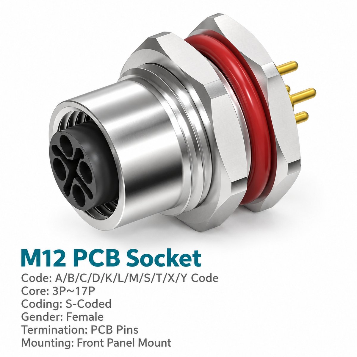 M12 S-Coded Female Front Mount PCB Power Socket, 12A 630V, 2+PE / 3+PE M12 S-Coded Female Front Mount PCB Power Socket, 12A 630V, 2+PE / 3+PE - Image 2