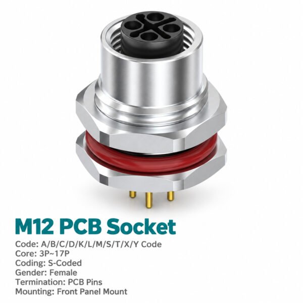M12 S-Coded Female Front Mount PCB Power Socket, 12A 630V, 2+PE / 3+PE