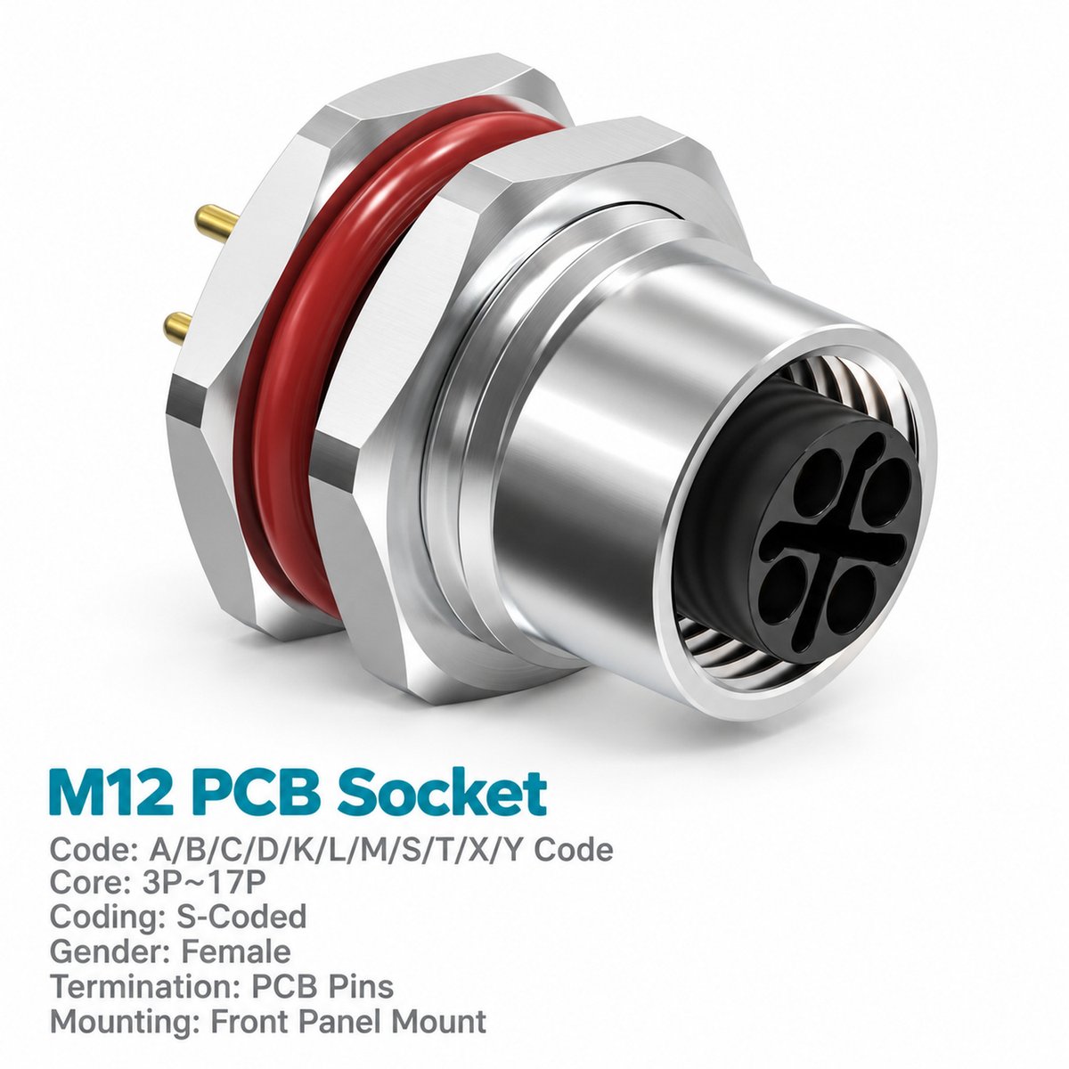 M12 S-Coded Female Front Mount PCB Power Socket, 12A 630V, 2+PE / 3+PE M12 S-Coded Female Front Mount PCB Power Socket, 12A 630V, 2+PE / 3+PE - Image 3