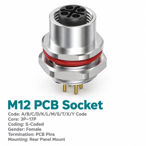 M12 S-Coded Female Rear Mount PCB Power Socket, 12A 630V, 2+PE / 3+PE