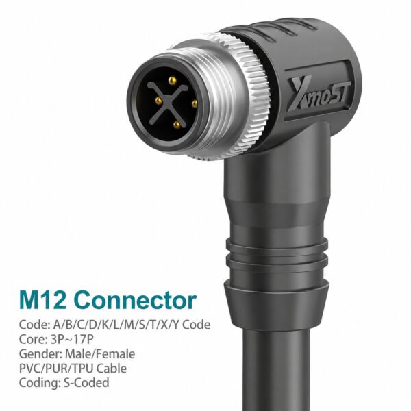 M12 S-Coded Male 90° Right-Angle Shielded AC Power Cable Connector