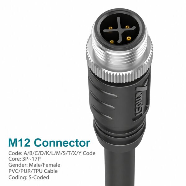 M12 S-Coded Male Straight Shielded AC Power Cable Connector