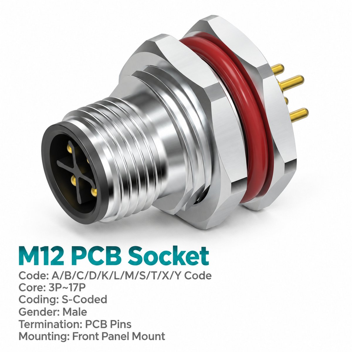 M12 S-Coded Male Front Mount PCB Power Connector, 12A 630V, 2+PE / 3+PE M12 S-Coded Male Front Mount PCB Power Connector, 12A 630V, 2+PE / 3+PE - Image 2