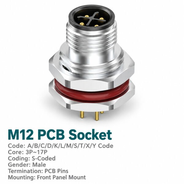 M12 S-Coded Male Front Mount PCB Power Connector, 12A 630V, 2+PE / 3+PE